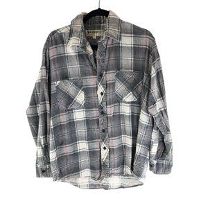 Wilderness Mens Flannel Shirt Vintage Ramie Cotton Plaid Pockets Gray L